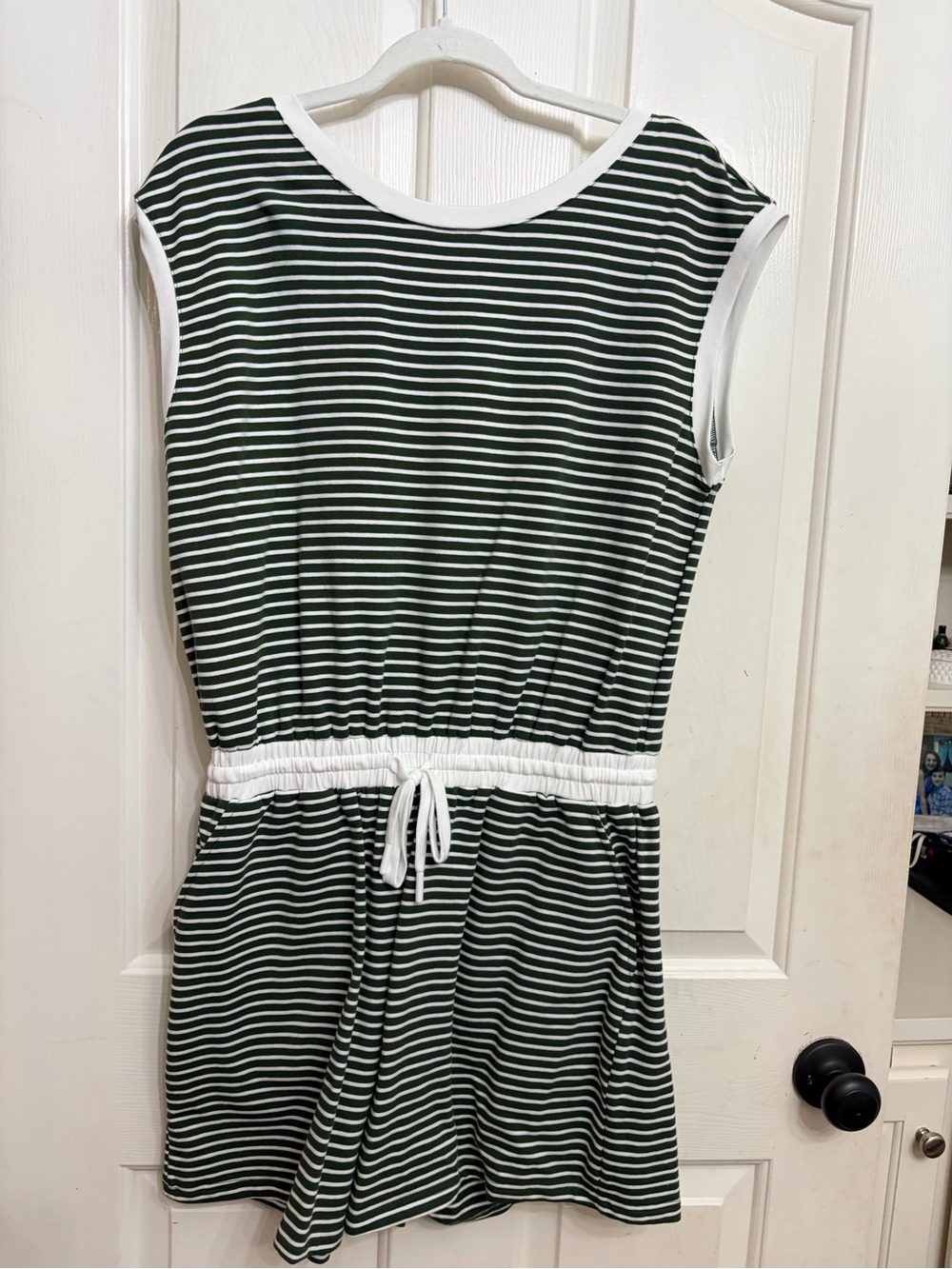 Striped Drawstring Waist Romper - Green & White